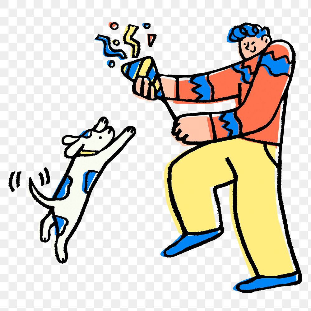 Man png holding part popper, festive doodle with cute dog
