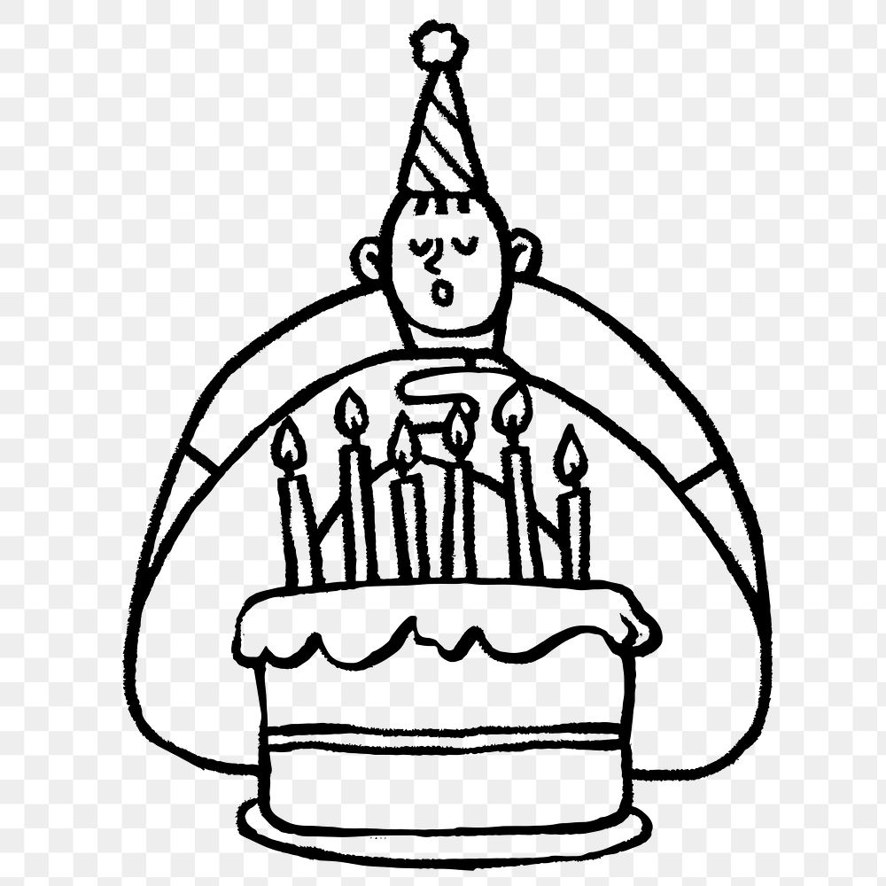 Man png making birthday wish, party doodle graphic on transparent background