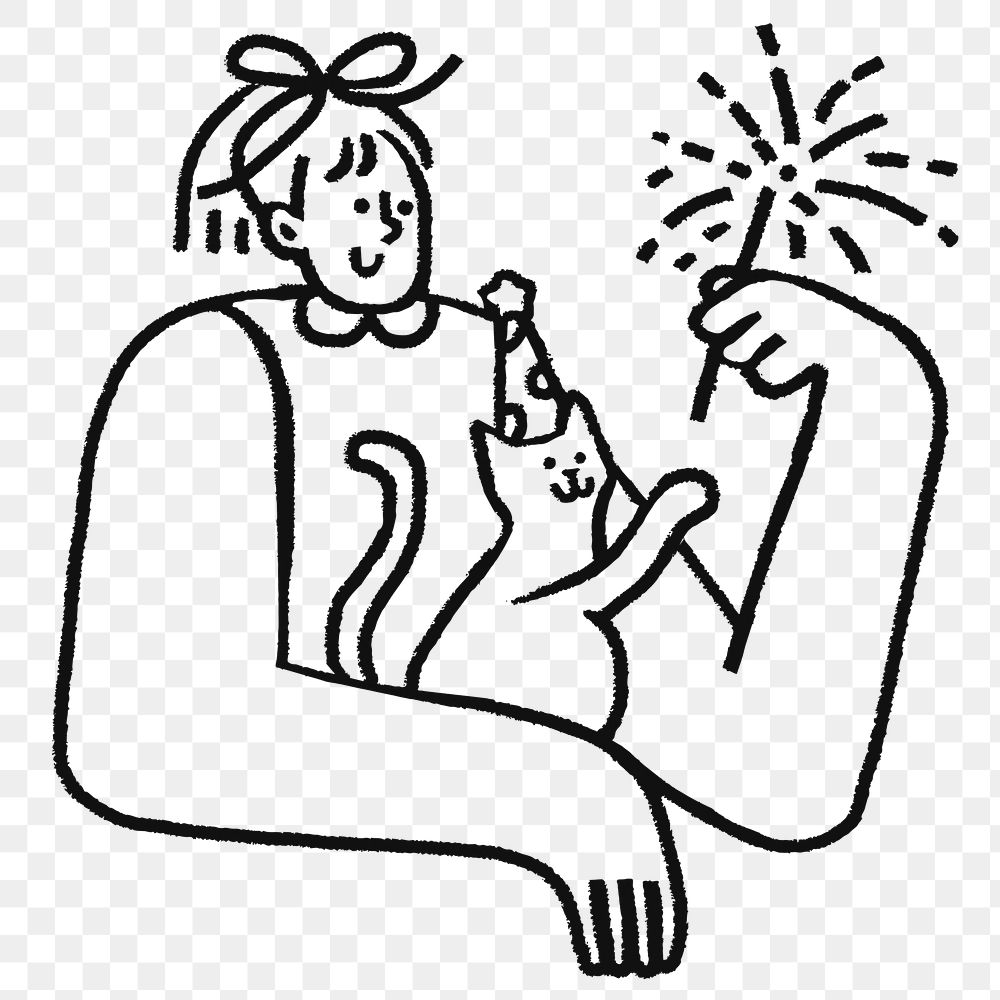 Woman png holding sparkler, new year celebration doodle clipart