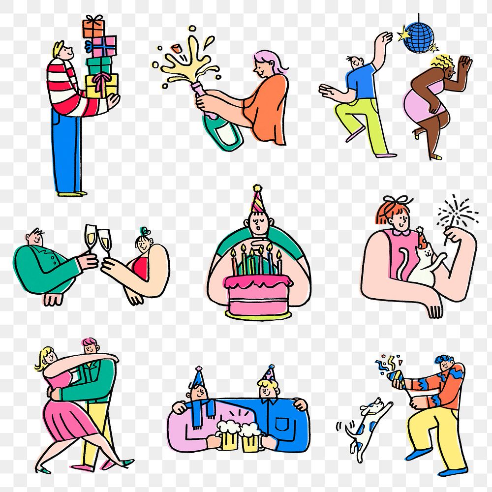 Festive party doodle png sticker, celebration cartoon set