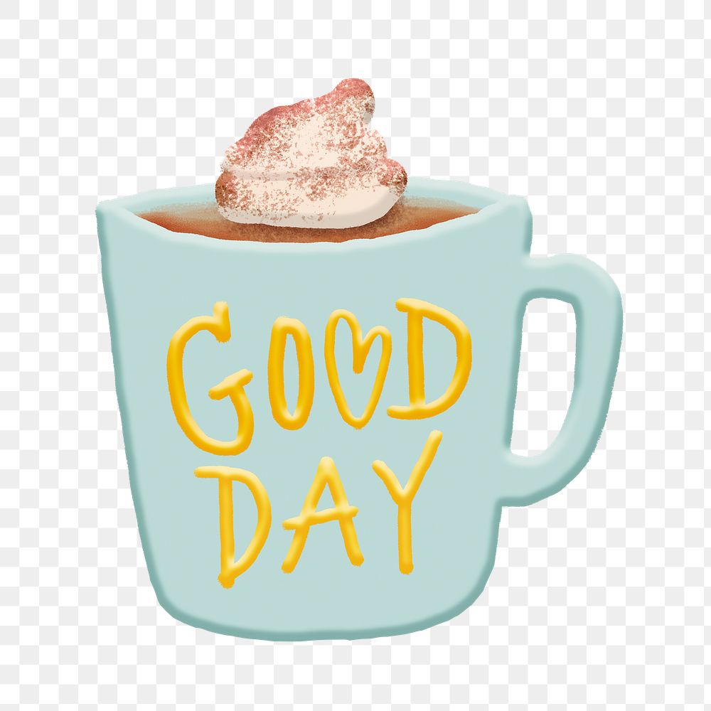 Png good day text mug sticker, cute emoji collage element, transparent background
