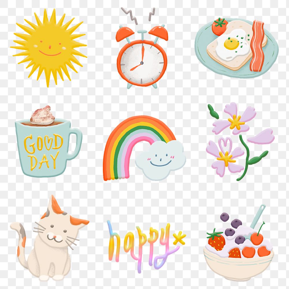 Png lifestyle element collection, emoji sticker, hand drawn, transparent background