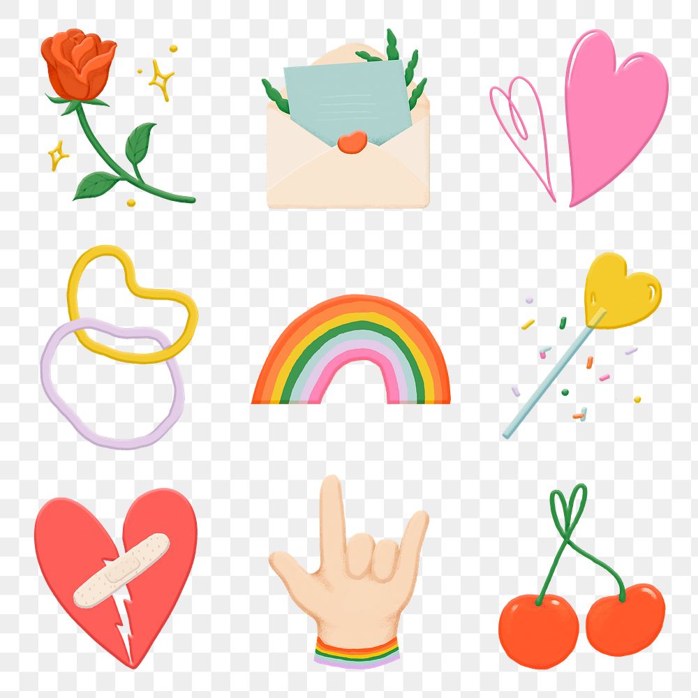 Cute png doodle lifestyle sticker set, emoji collage element, transparent background