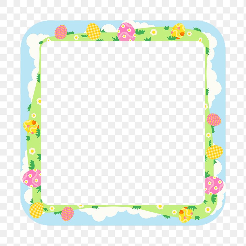 Cute Easter png frame, square shape in festive design on transparent background