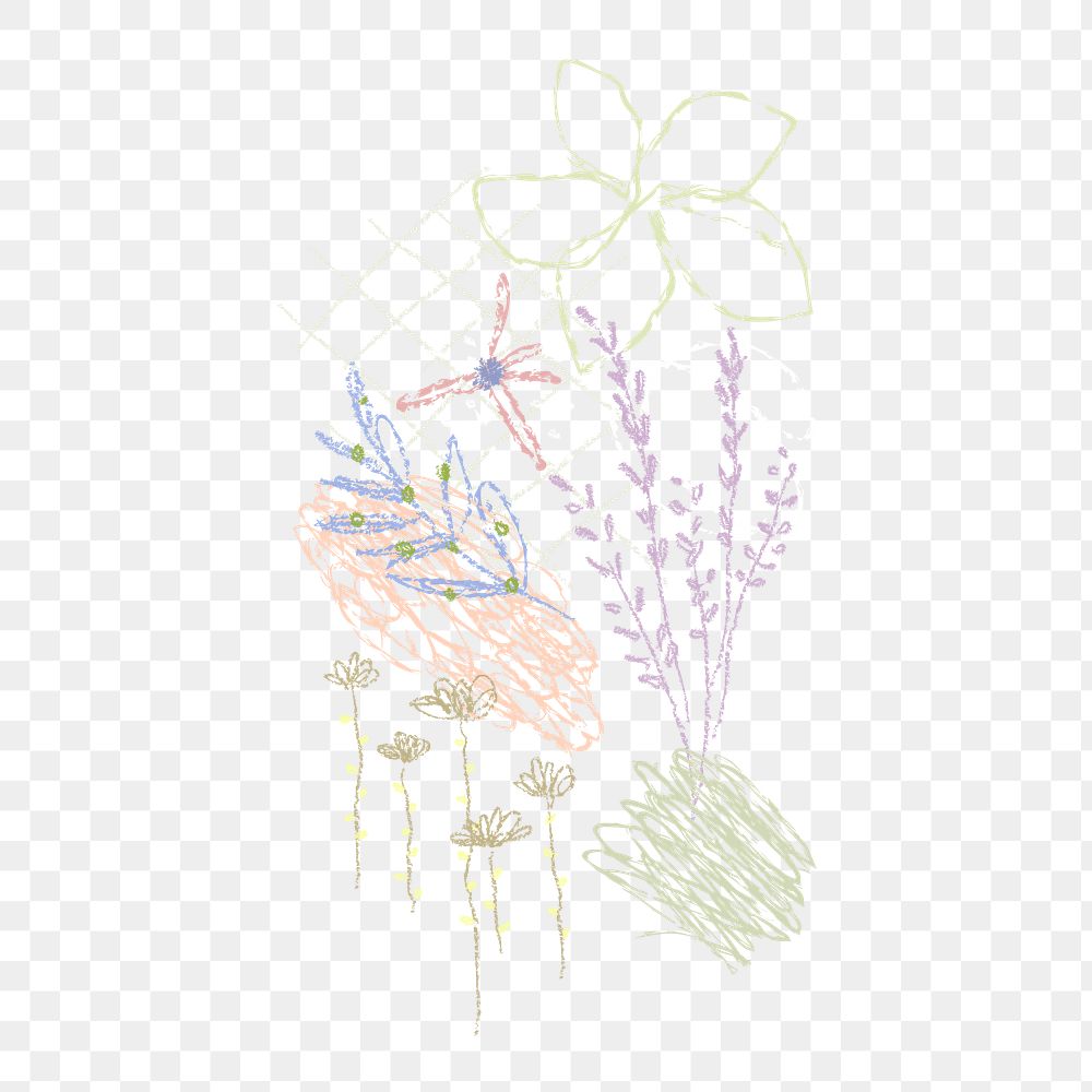 Png colorful flower kids drawing sticker, crayon abstract design, transparent background