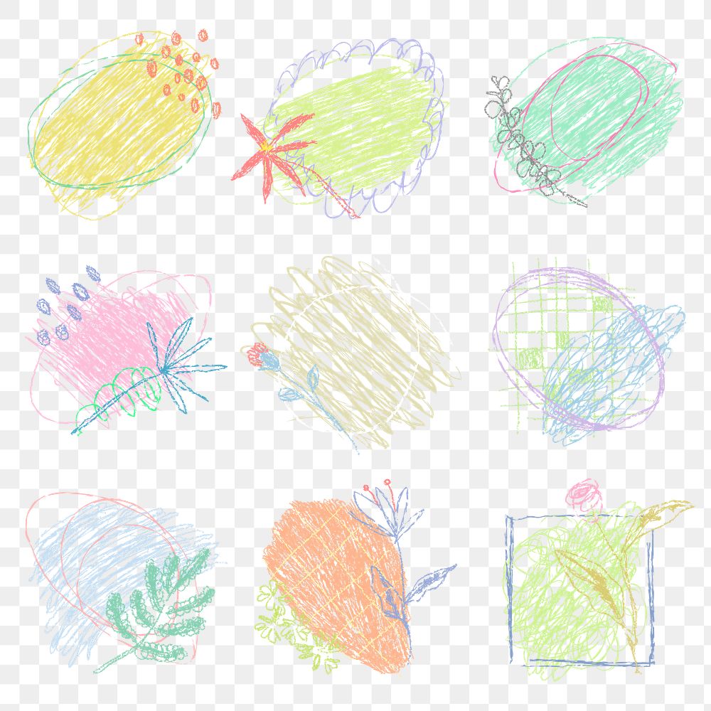 Crayon scribble png sticker, pastel kids drawing on transparent background set