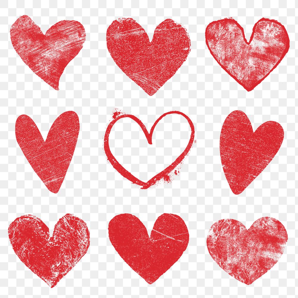 Red grunge heart png stickers set, transparent background