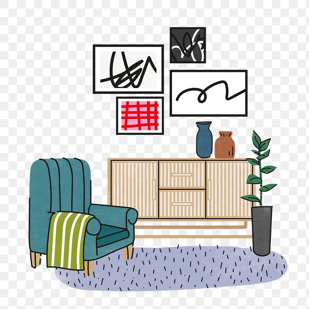 Living room png illustration, with furniture & home decor, transparent background