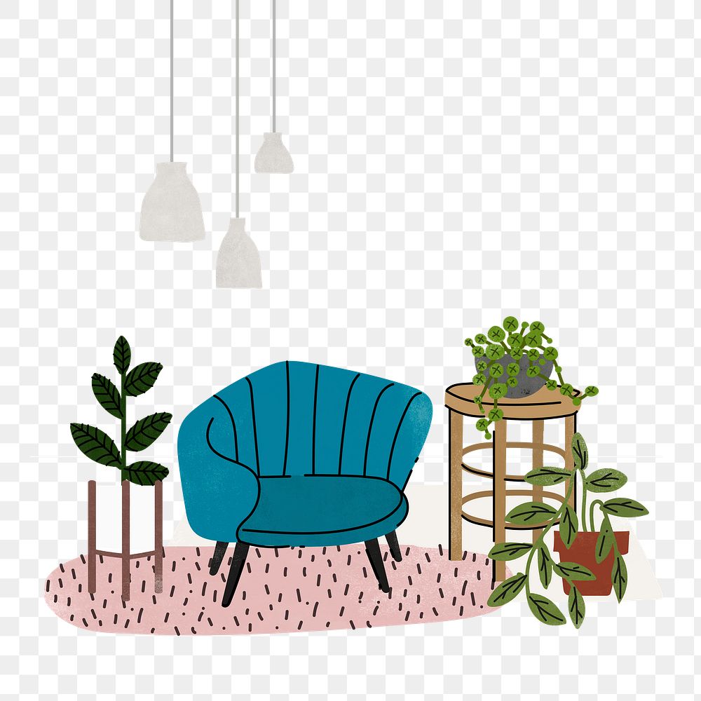 Feminine room png illustration, with furniture & home decor, transparent background