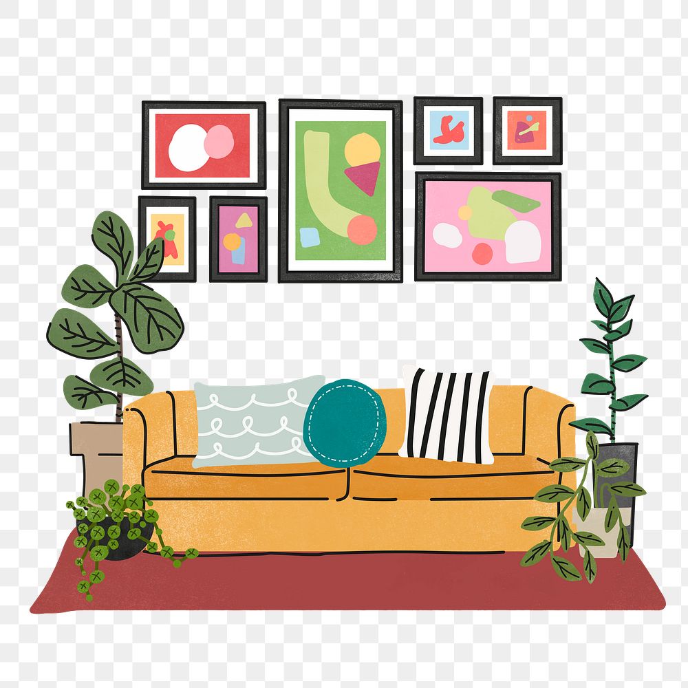 Cozy room png illustration, with furniture & home decor, transparent background