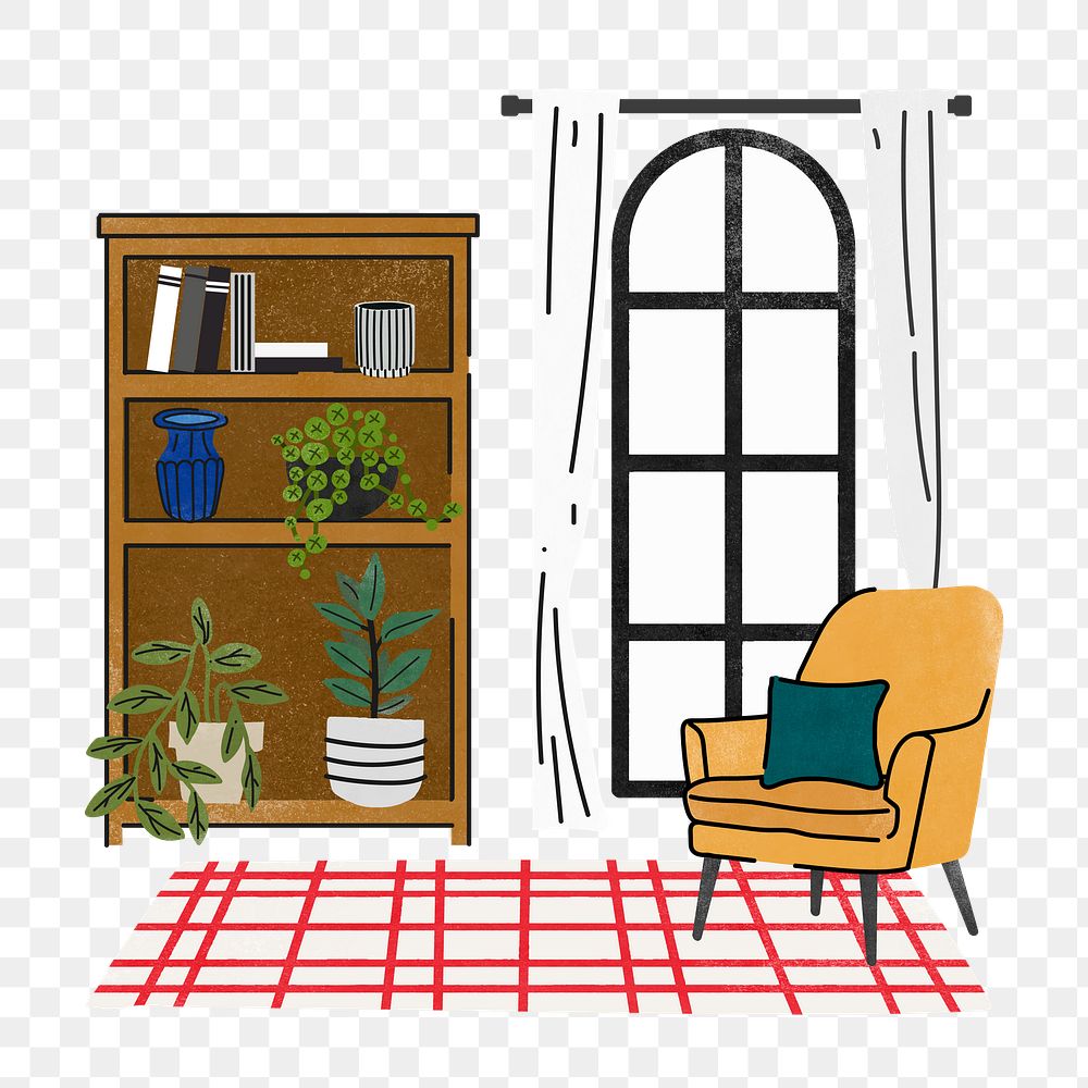 Feminine room png illustration, with furniture & home decor, transparent background