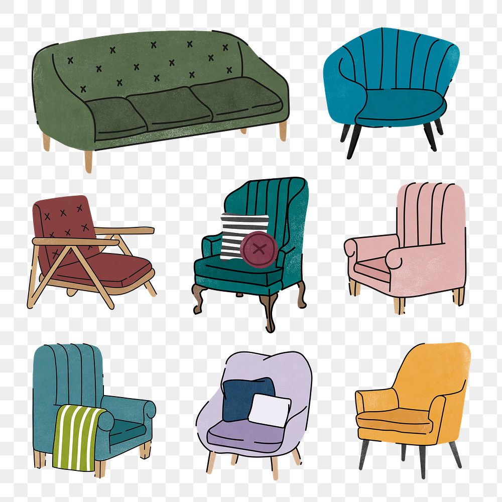 Chair & sofa png stickers, furniture illustrations set, transparent background