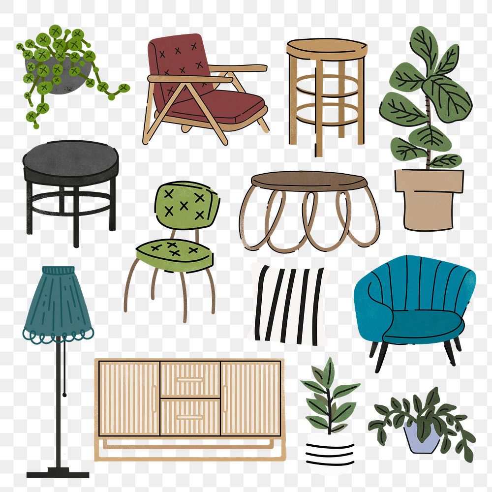 Cute home decor png stickers, furniture illustrations set, transparent background