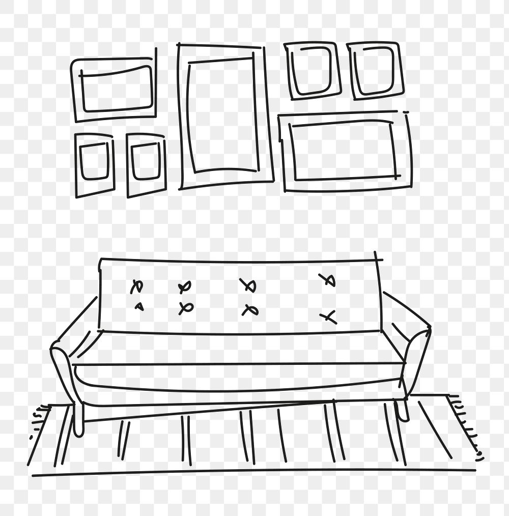 Doodle png living room sketch, home interior illustration, transparent background