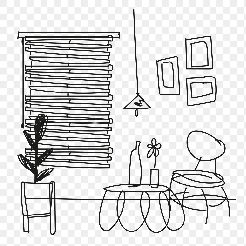 Living room png hand drawn sketch, home interior illustration, transparent background