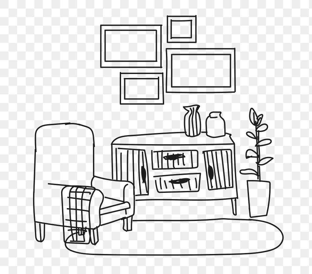 Living room png hand drawn sketch, home interior illustration, transparent background