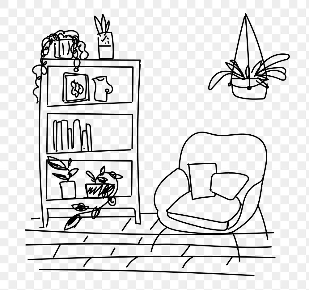 Doodle png living room sketch, home interior illustration, transparent background