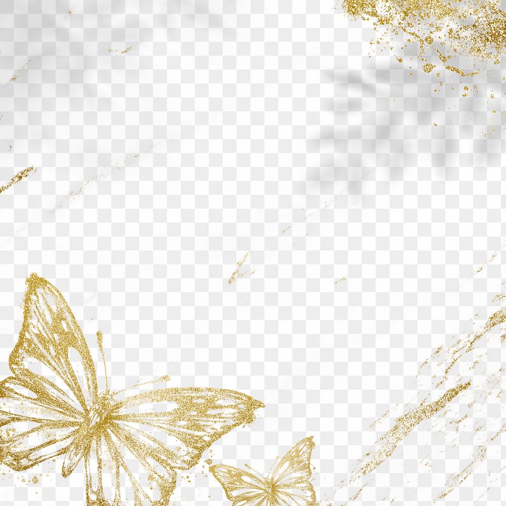 Gold glitter png border frame, luxury butterfly, transparent design 