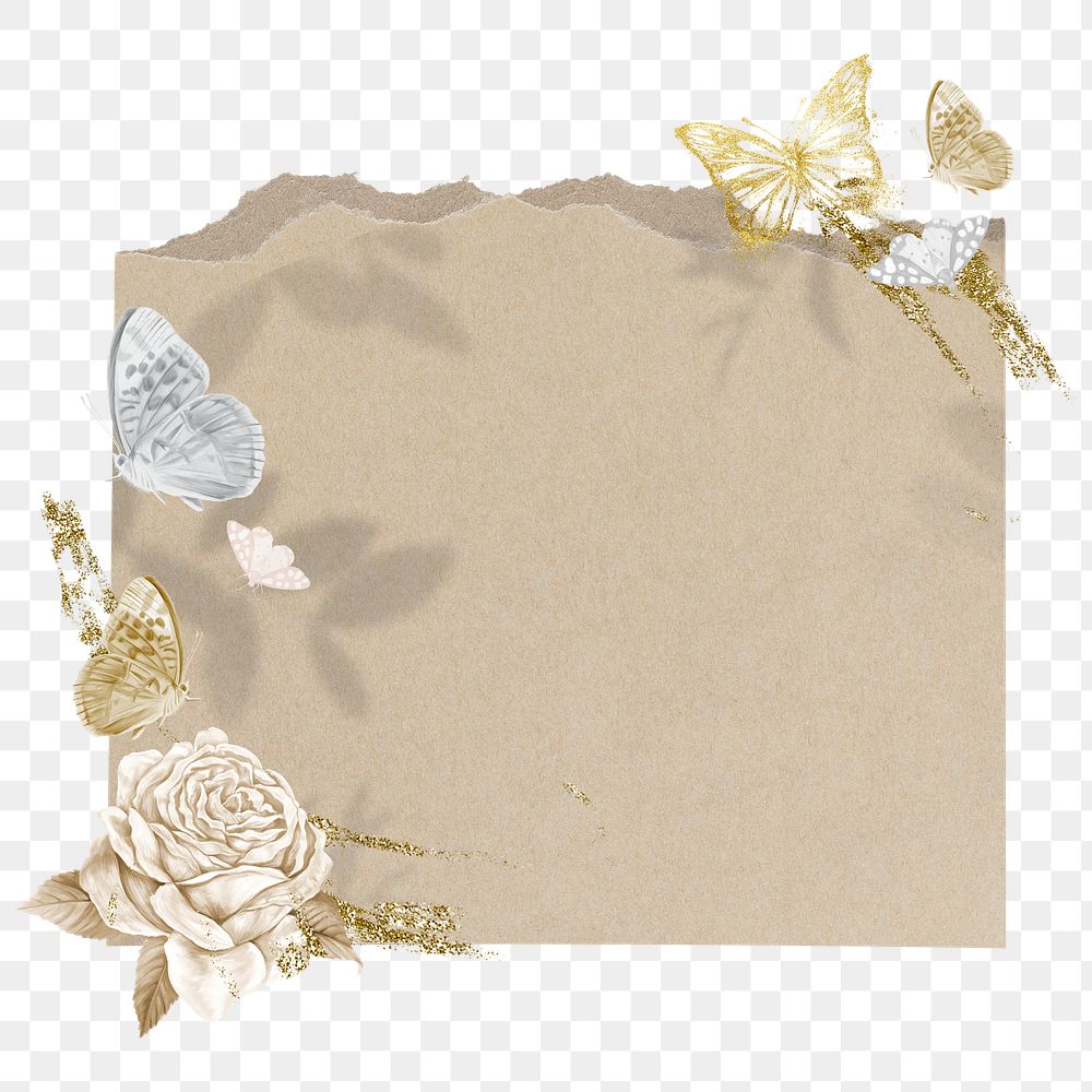 Brown paper png frame, gold glitter nature, transparent design