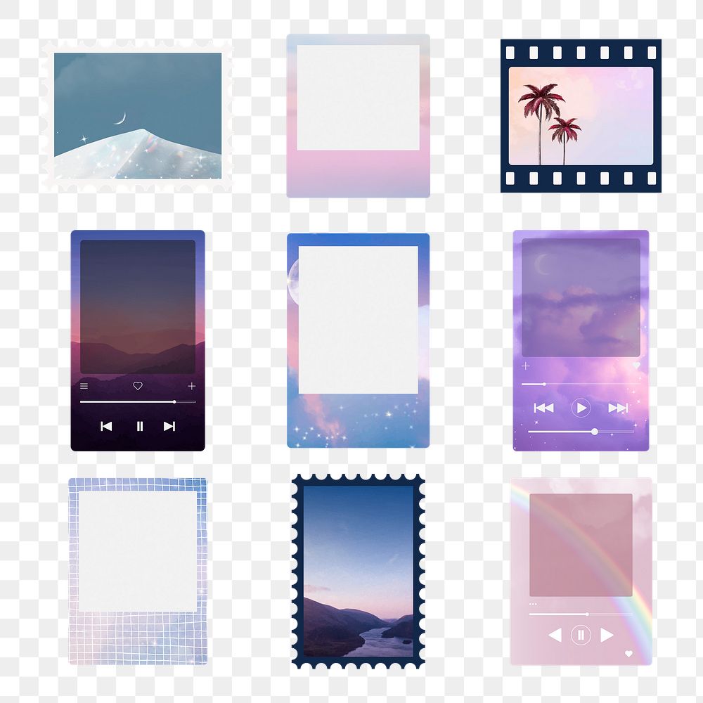 Aesthetic png photo frame stickers, transparent background set