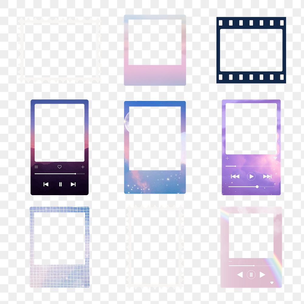 Purple aesthetic png photo frame stickers, transparent design set