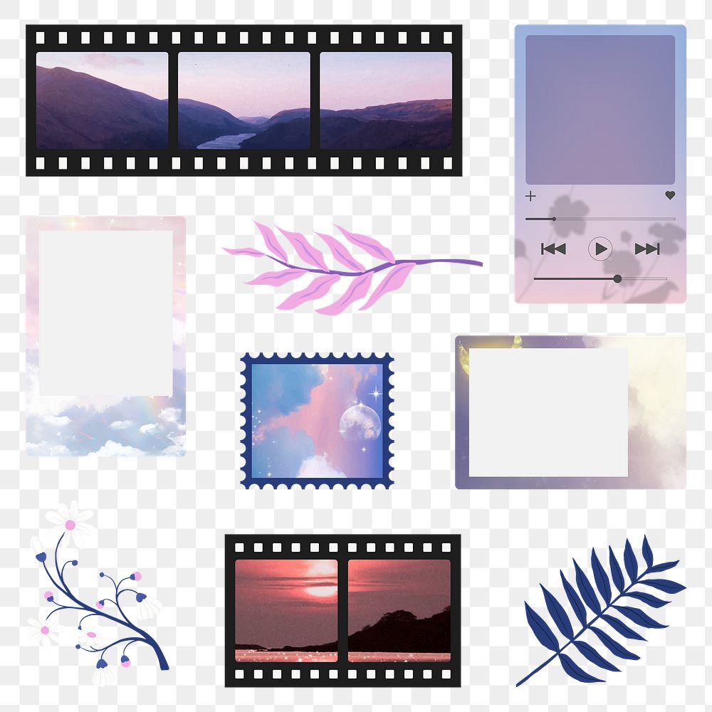 Purple aesthetic photo png frame stickers, transparent background set