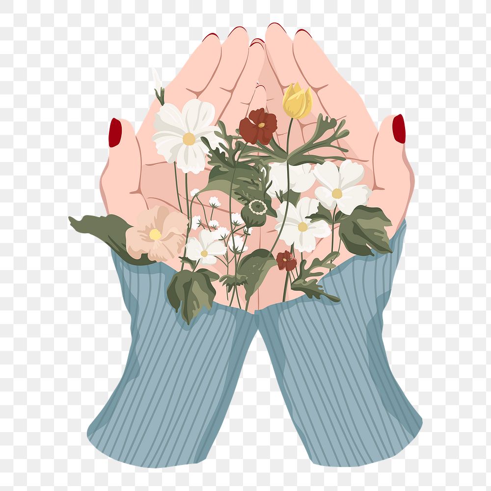 Png flowers in hands sticker, transparent background