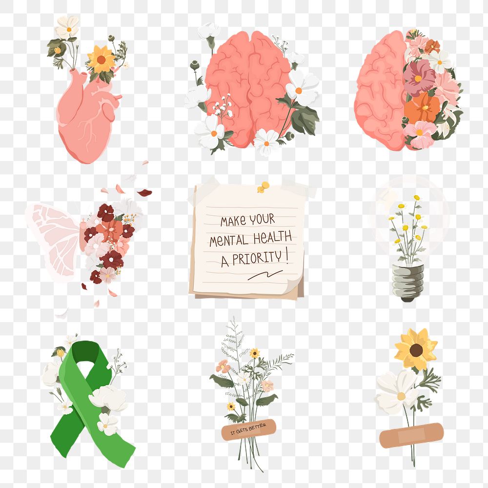 Mental health png stickers, transparent background set