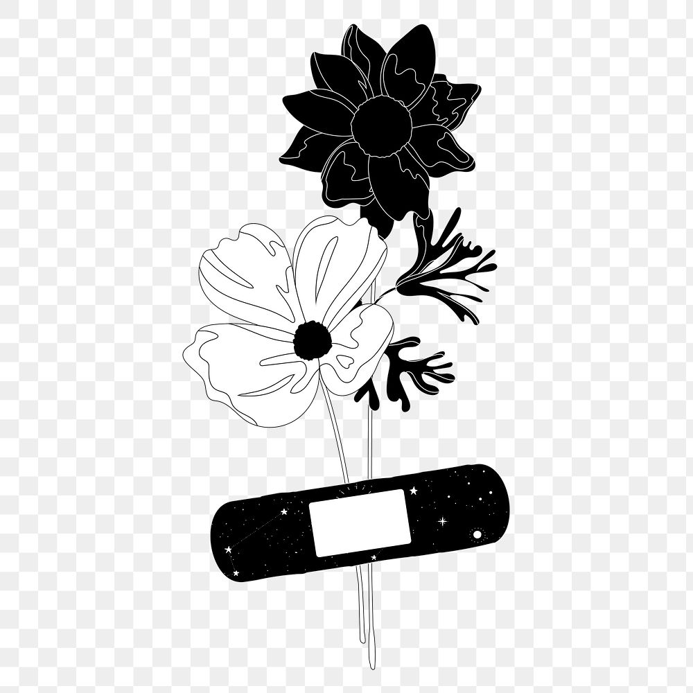 Flower png sticker, black and white, transparent background