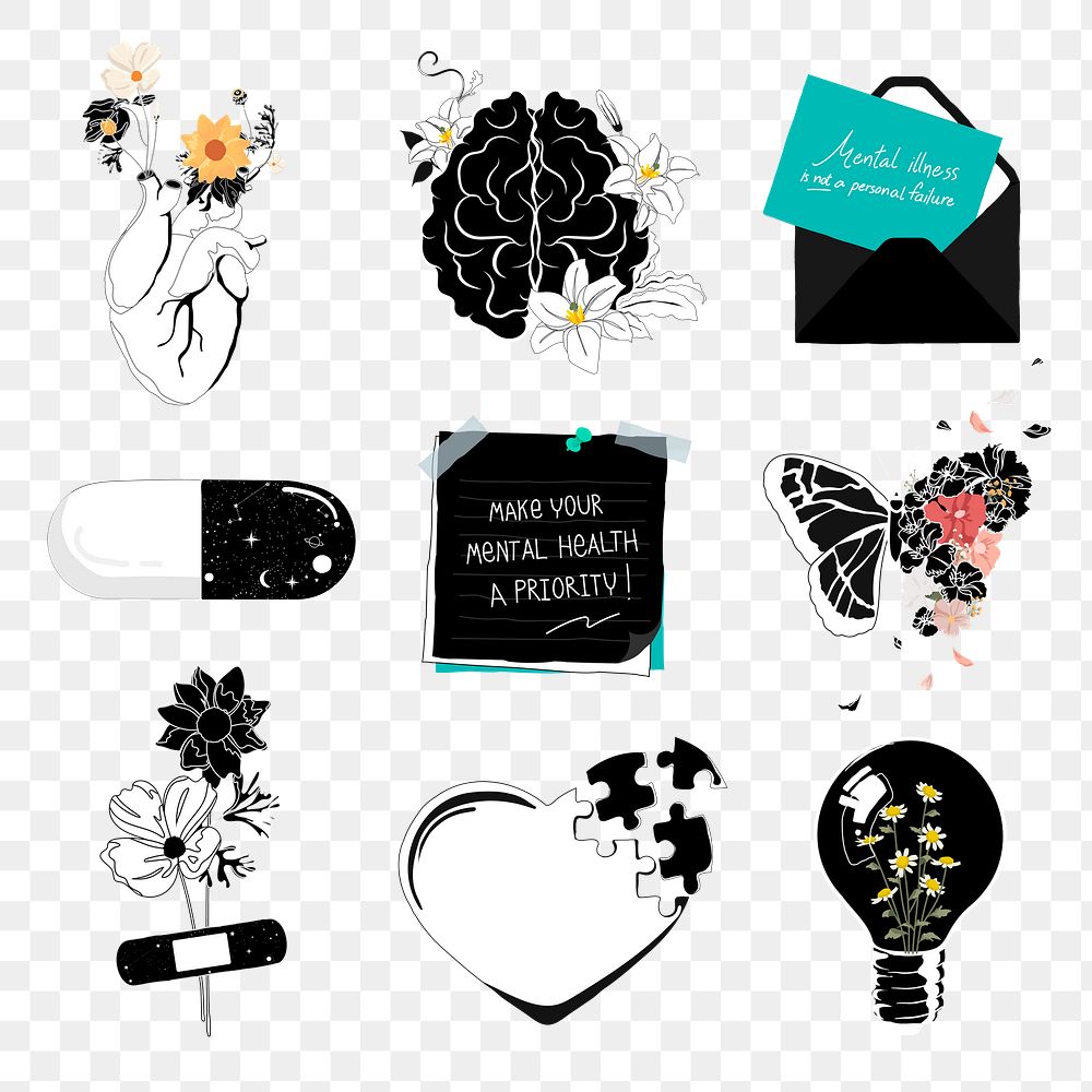 Mental health png stickers, transparent background set