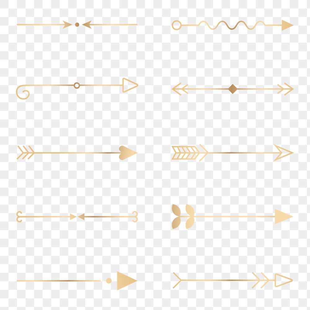 Png gold arrow divider, aesthetic sticker element set
