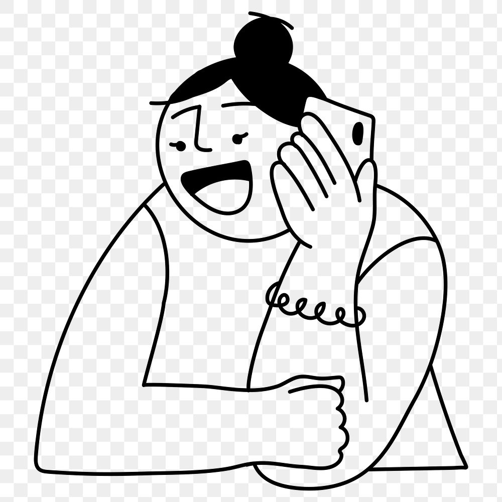 Woman png talking on phone, character doodle on transparent background