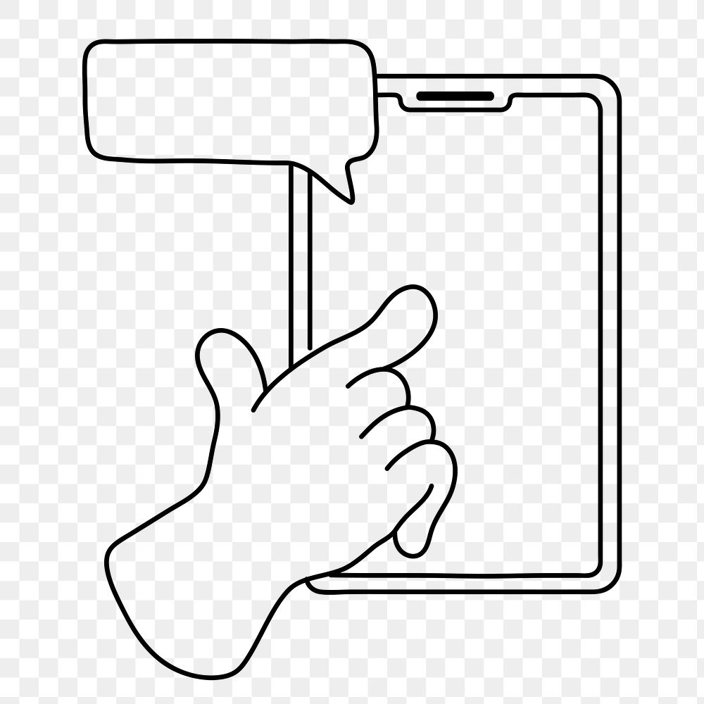 Hand png using tablet clipart, social media doodle on transparent background
