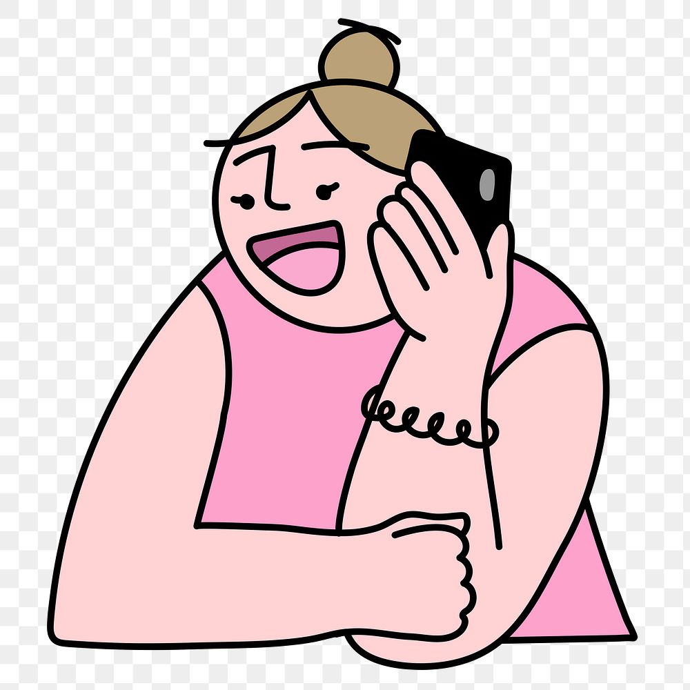 Woman talking png on phone, character doodle on transparent background