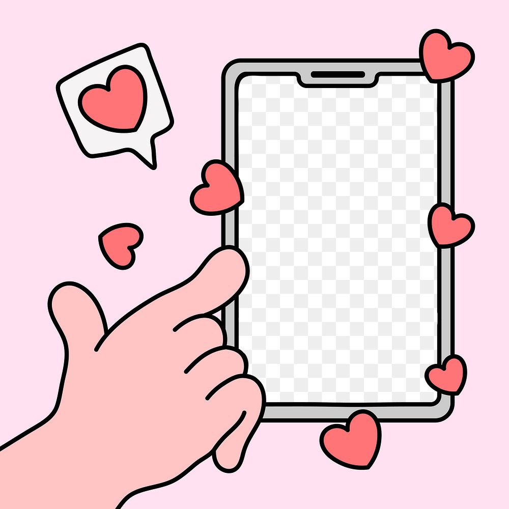 Phone screen frame png transparent, social media love reaction doodle