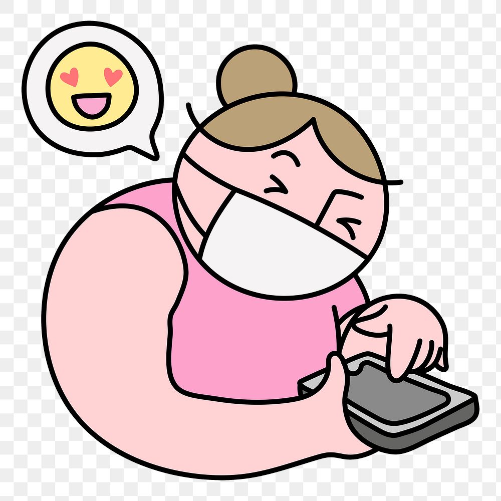 Woman texting png sticker, online dating during the new normal doodle on transparent background