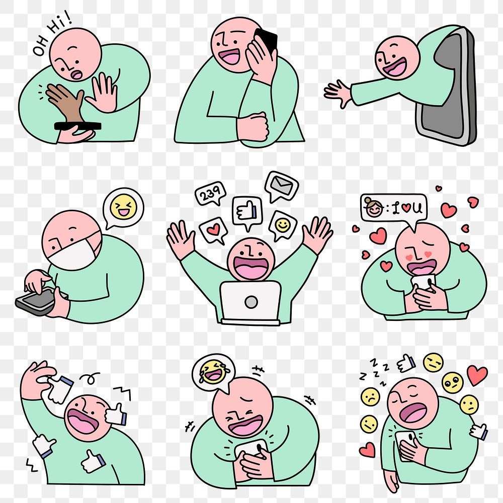 Social media png sticker, character doodle set on transparent background