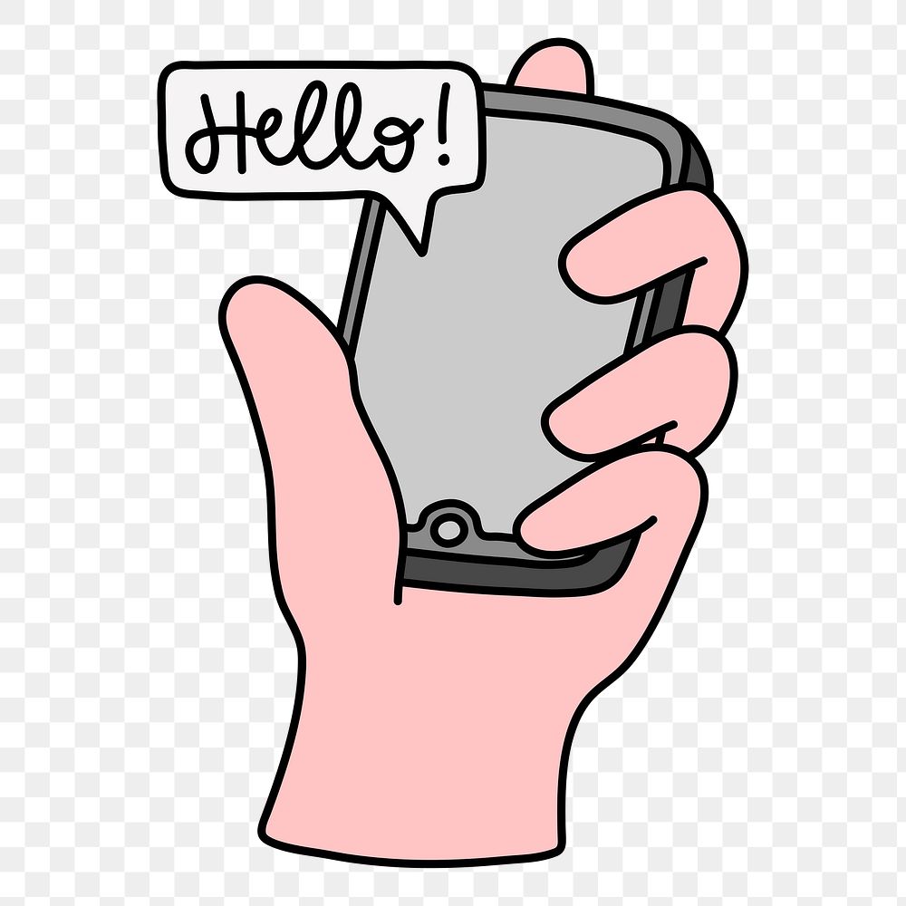 Hand png holding smartphone sticker, social media doodle on transparent background