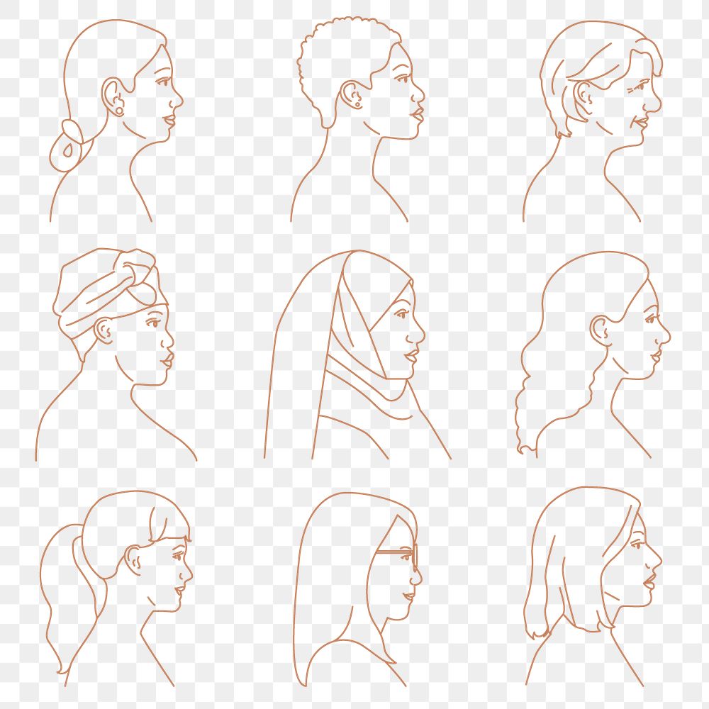 Diverse women png portrait sticker, aesthetic monoline art set on transparent background