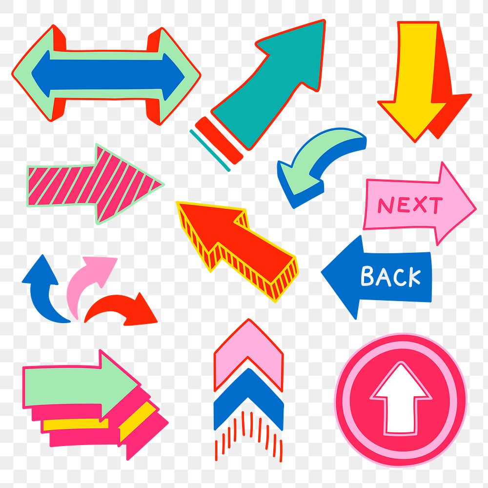 Cute png arrow doodle stickers, colorful hand drawn design, transparent background