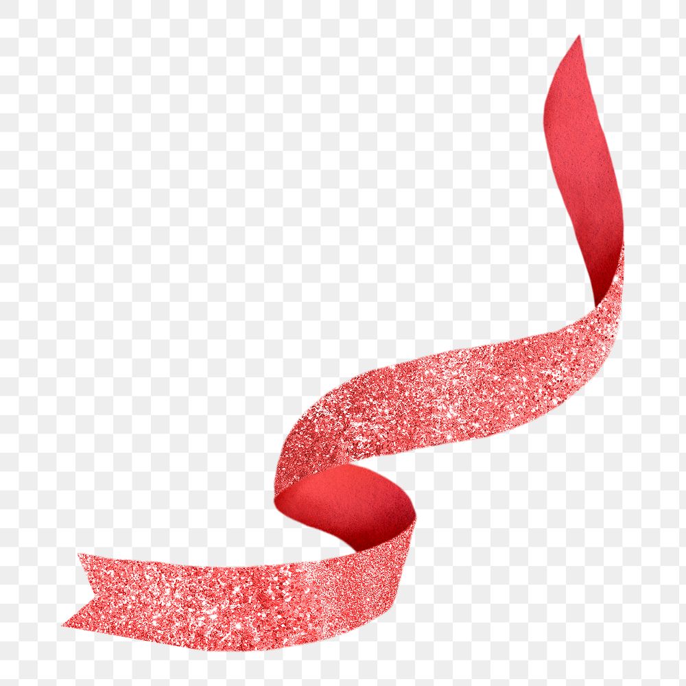 Red ribbon png element, glitter design, transparent background