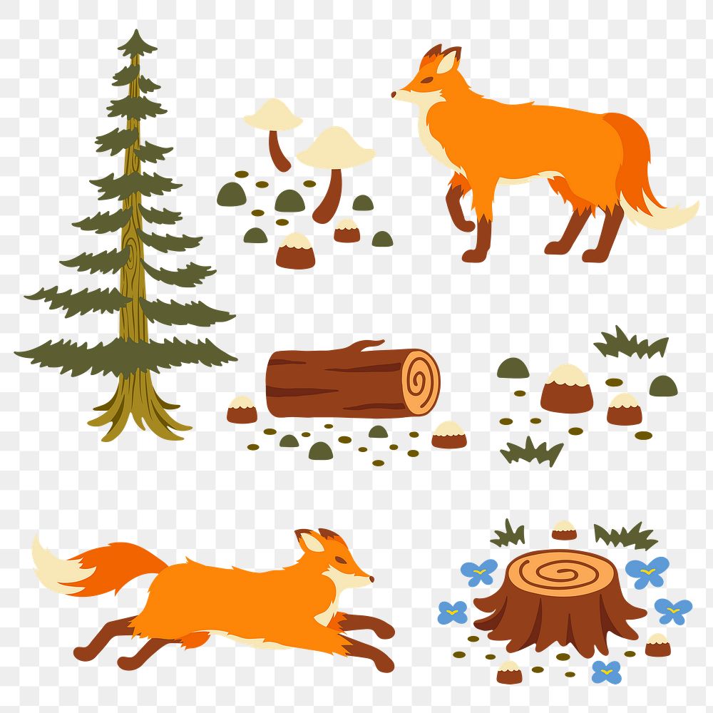 Fox png stickers, fairytale forest illustration, transparent background set