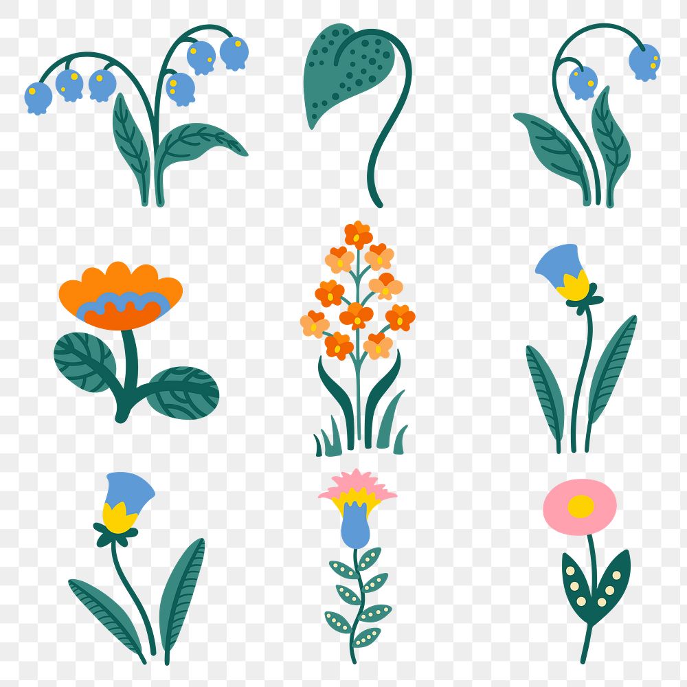 Flower png stickers, fairytale forest illustration, transparent background set