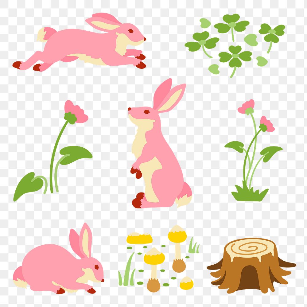 Rabbit png stickers, fairytale forest illustration, transparent background set