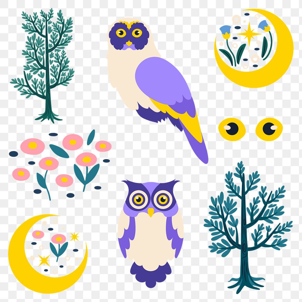 Owl png stickers, fairytale forest illustration, transparent background set