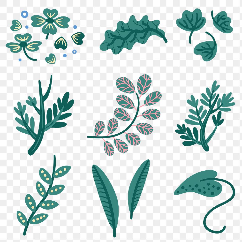 Leaves png stickers, fairytale forest illustration, transparent background set