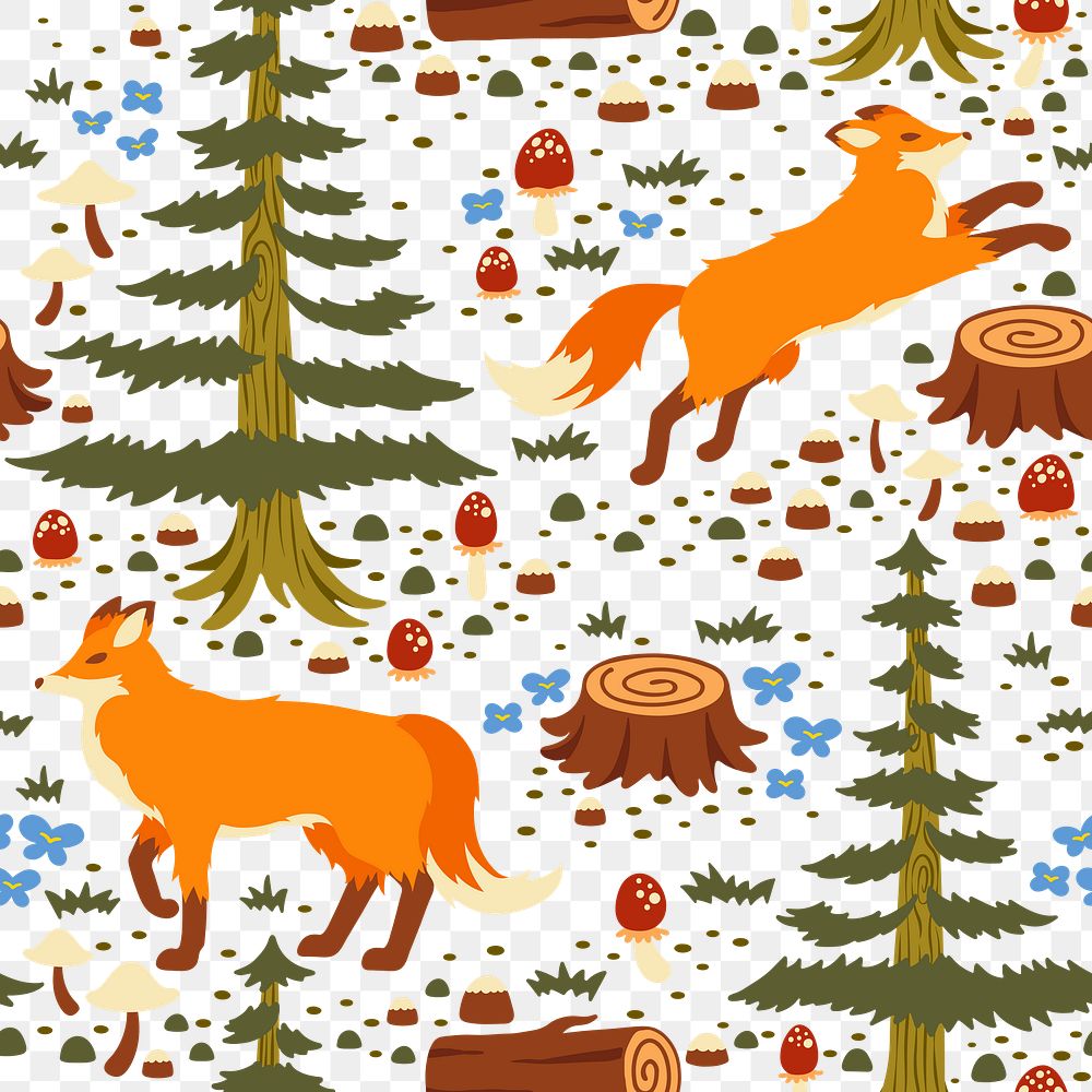 Fox png seamless pattern, transparent background