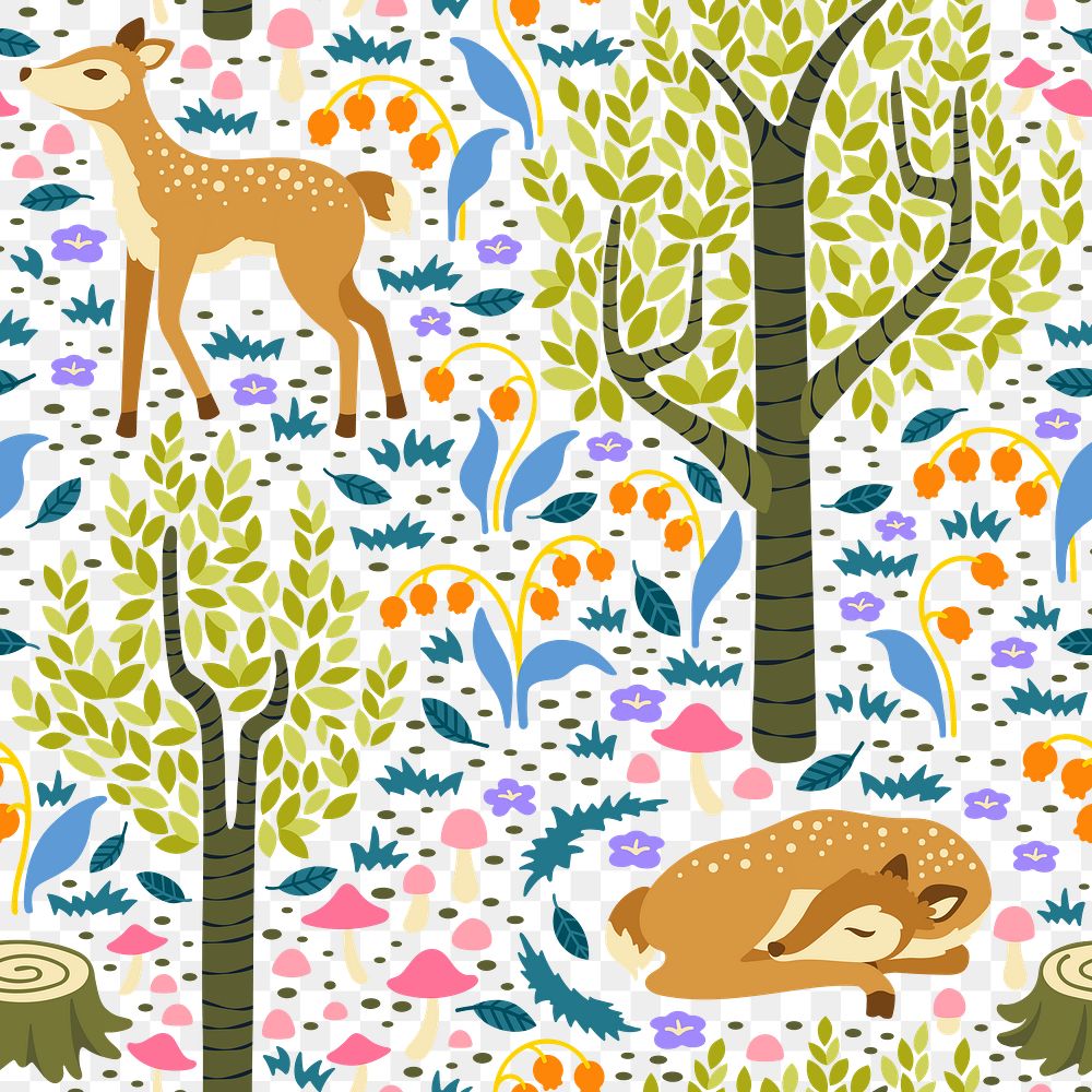 Fairytale forest png seamless pattern, transparent background