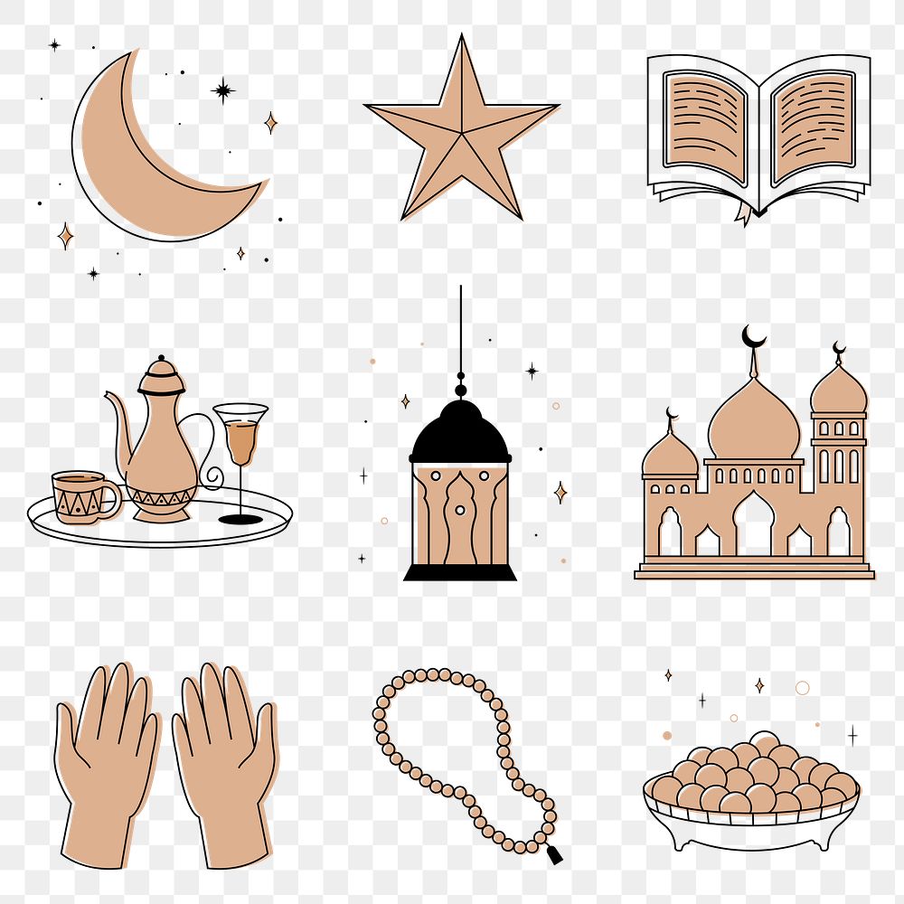 Ramadan png sticker, earth tone celebration, transparent background set