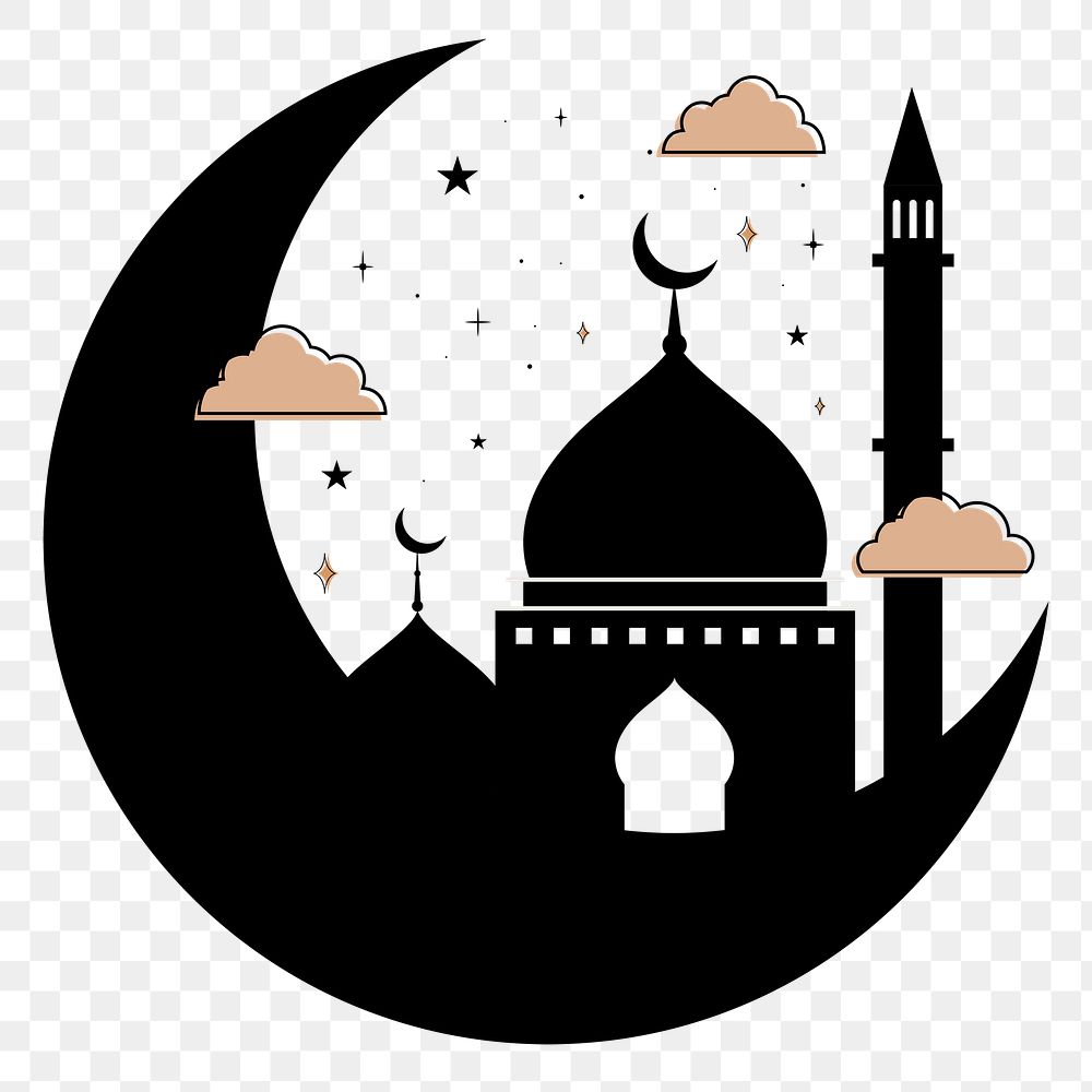 Png Ramadan sticker, black mosque design, transparent background